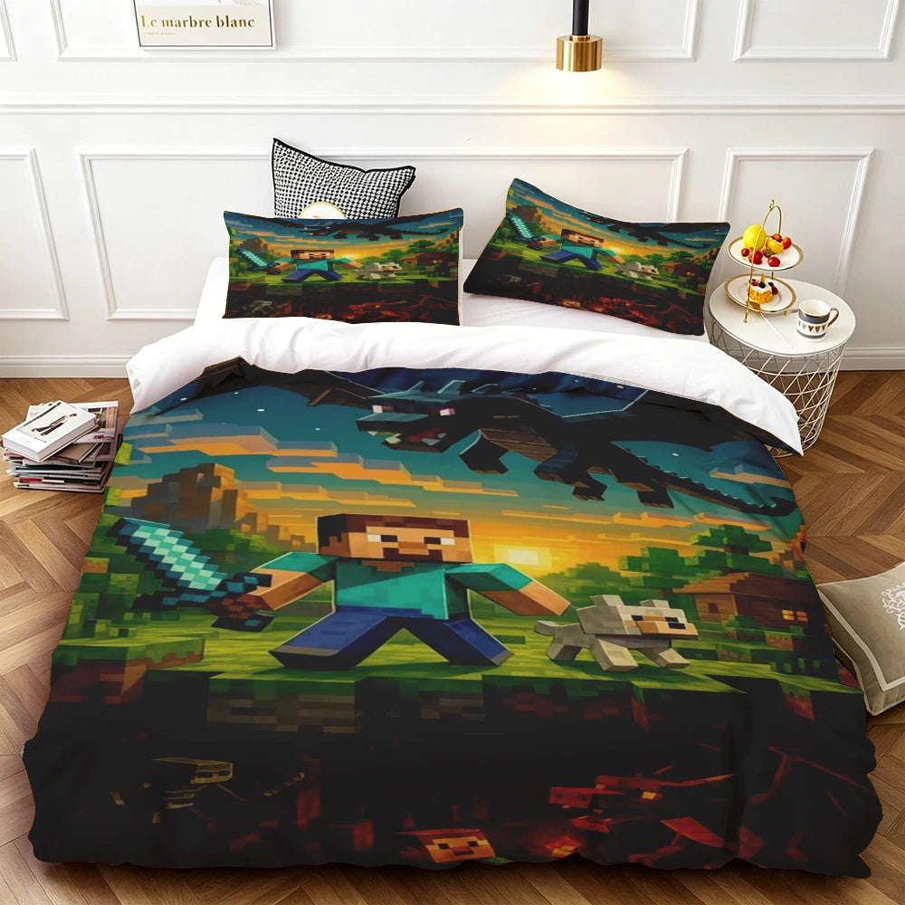Cartoon Duvet Cover Set Minecraft Quilt Cover Bedding Set Soft and Comfortable for Bedroom Dormitory Best Gifts