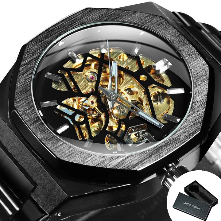 WINNER Black Gold Skeleton Mechanical Watches for Men Fashion irregular Automatic Watch Luxury Brand Stainless Steel Strap 2023
