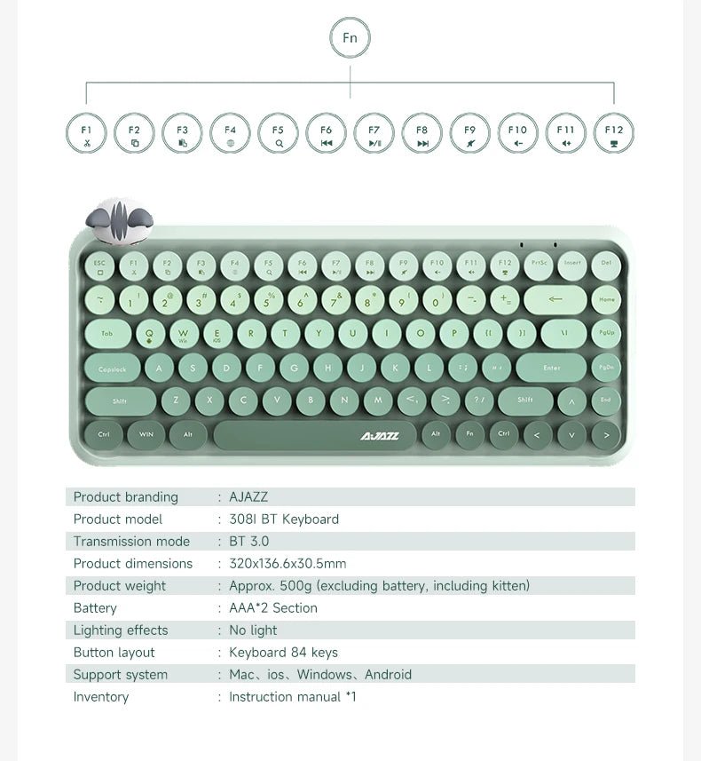 Ajazz 308I kabellose Tastatur mit 18/84 Tasten, runden Tastenkappen, Bluetooth, portable 2.4GHz-Zifferntastatur für Tablet, Laptop und Android