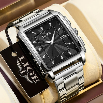 Reloj para hombre LIGE: estilo militar y moderno, caja cuadrada, cronógrafo de cuarzo, resistente al agua, marca de lujo