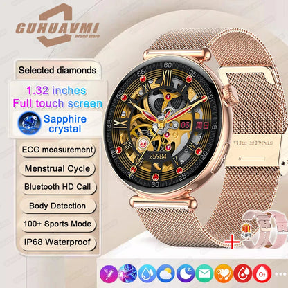 New 1.32inch Smart Watch For Women Health ECG Health Lady Watches Full Touch Screen Call Custom Dial Diamond Strap Smartwatch