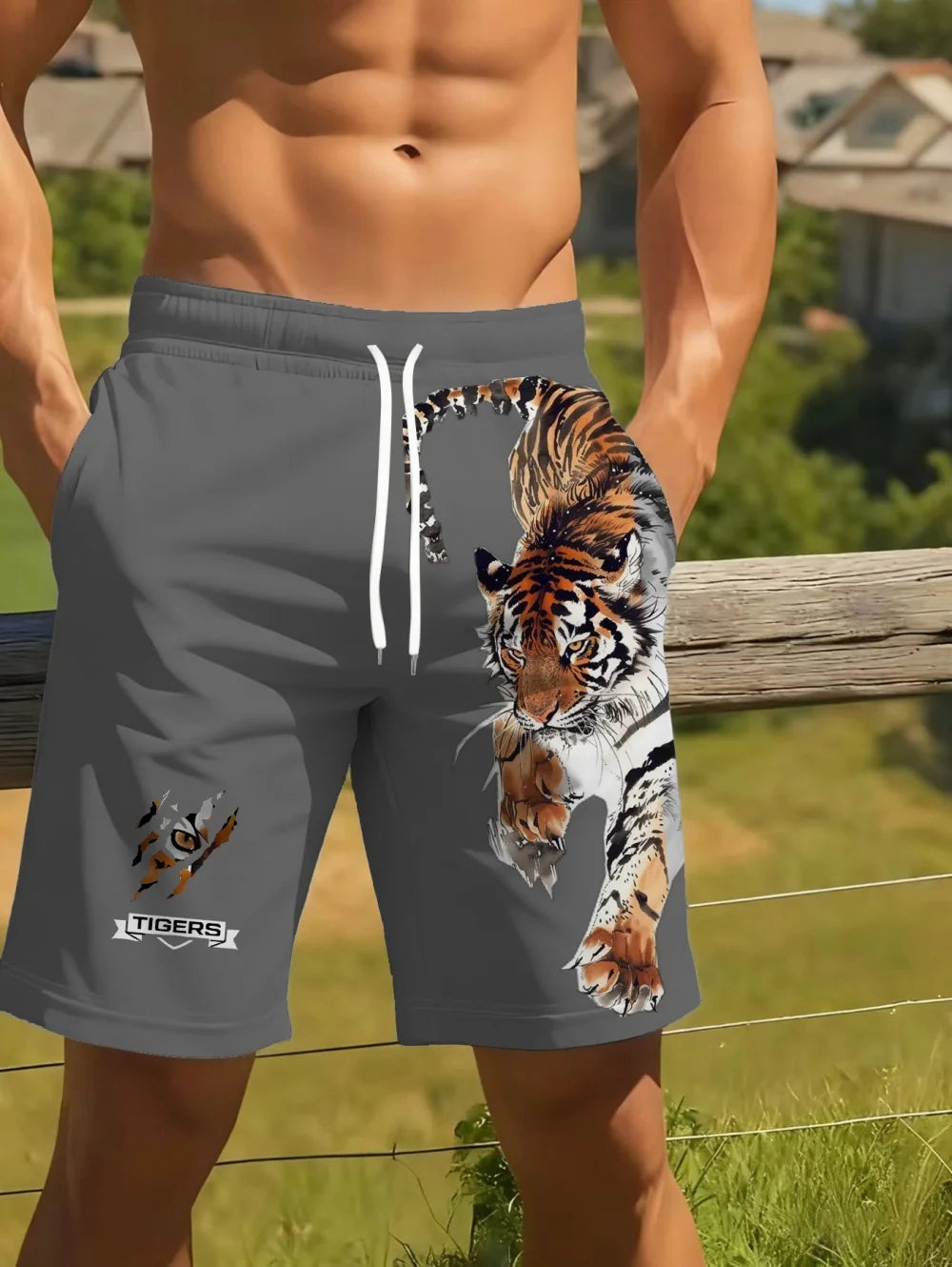Men Beach Shorts Casual Animal 3D Print Tiger Graphics Drawstring Summer Running Shorts Loose Quick-Dry Sportswear Men Clothes