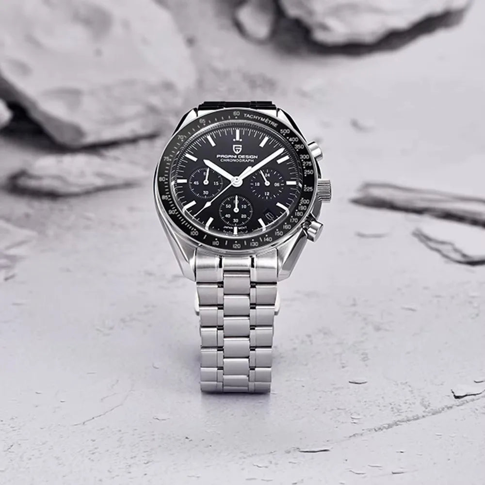 „PAGANI DESIGN Moon“ laikrodis – prabangus vyriškas kvarcinis chronografas, sportinio stiliaus, safyro stiklas su antirefleksine danga, švytintis ekranas