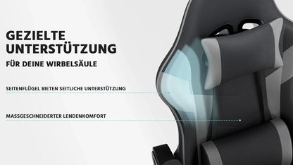 Black-Grey Ergonomic Gaming Chair, Lumbar Support, Breathable PU Leather, Adjustable Height & Backrest, 200kg for Office & PC