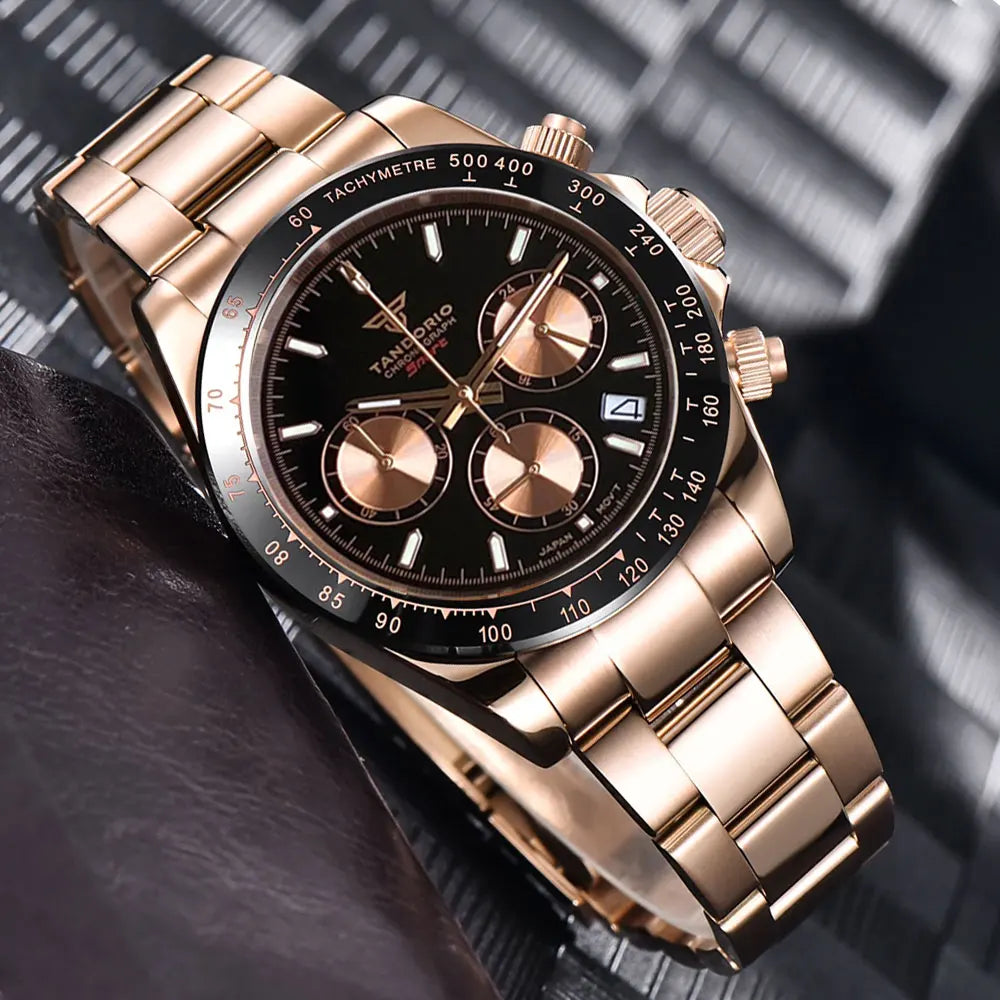 Reloj de lujo para hombre VK63 con movimiento de cuarzo, cronógrafo de negocios, 39mm, acero/oro rosa, fecha, esfera luminosa y cronógrafo completo