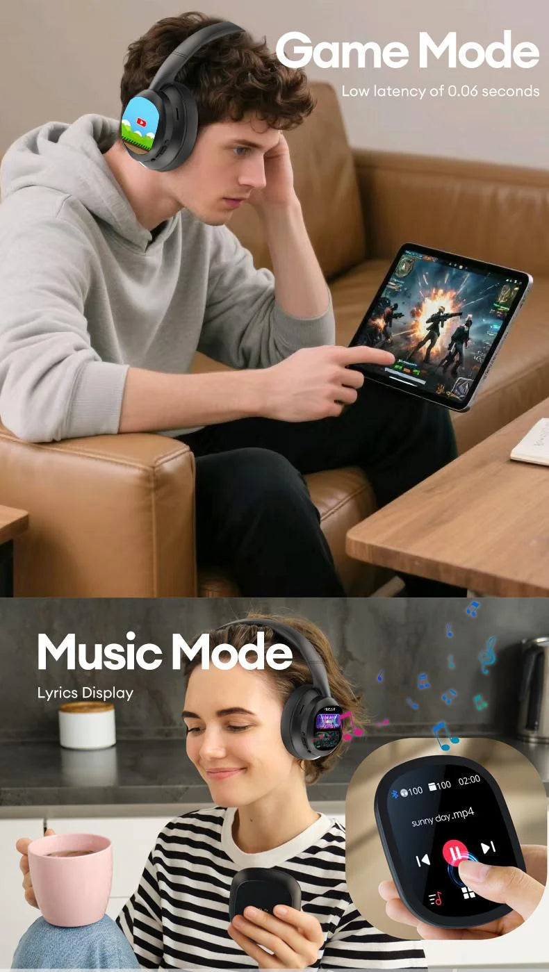 Auriculares inalámbricos Bluetooth con pantalla táctil LCD AI – Headset gaming con cancelación de ruido ANC, graves profundos y micrófono HD