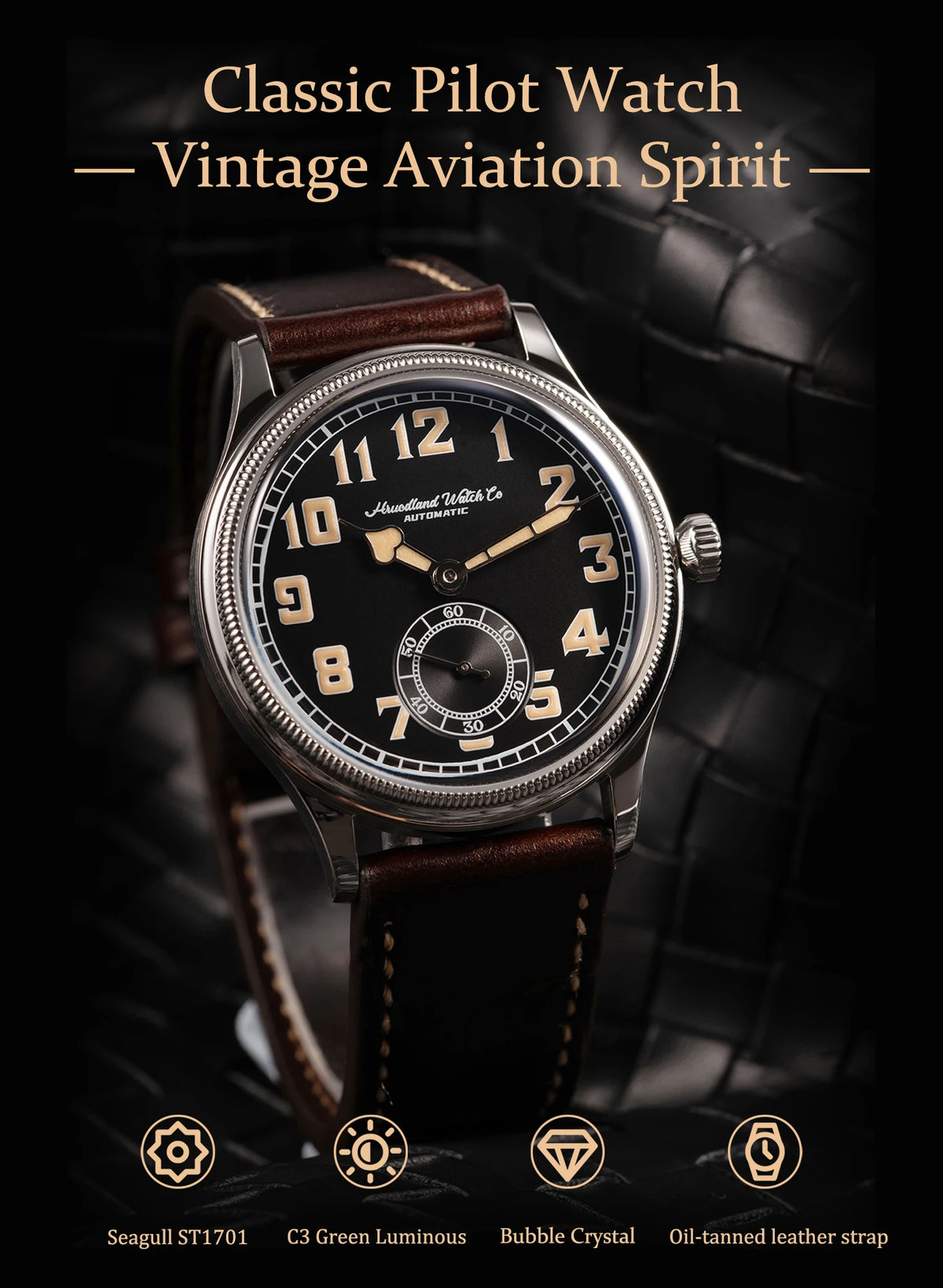 HRUODLAND Retro Flieger Automatic Watches for Men 38mm Seagull ST1701 Mechanical Wristwatch C3 Green Luminous K1 Mineral Bubble Crystal Oil Leather Strap Business Pilot Watch