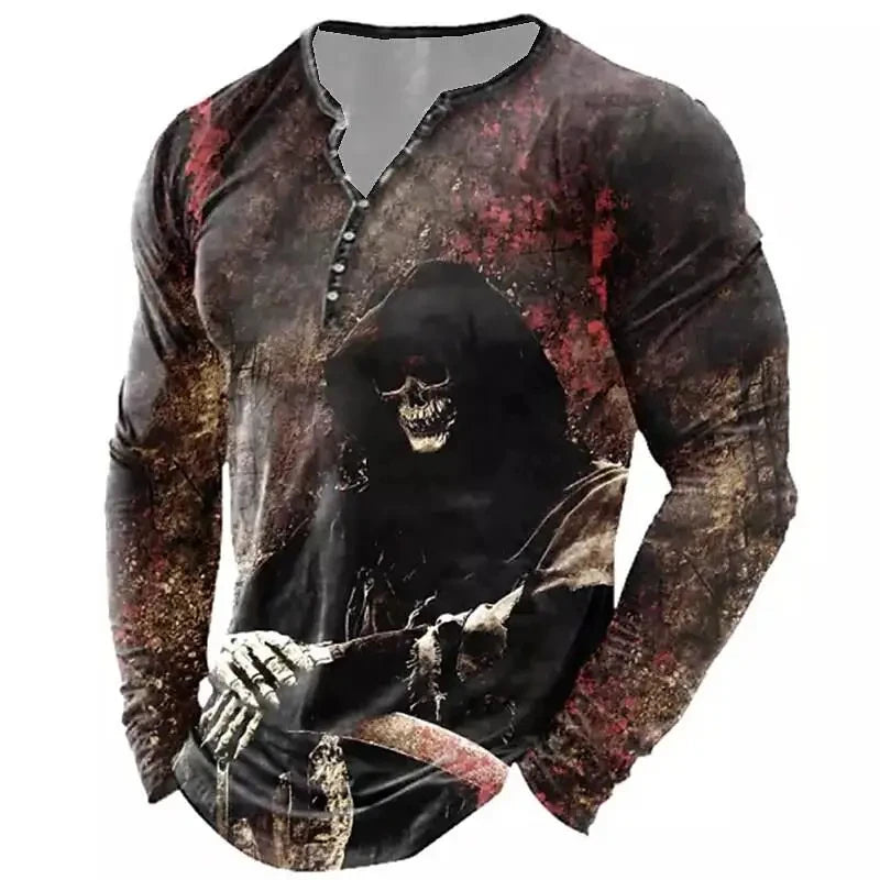Autumn Skull Henley Shirt 3D Print Streetwear Men's Fashion Vintage Long Sleeve Button T Shirt Men's T Shirt Tops Clothing