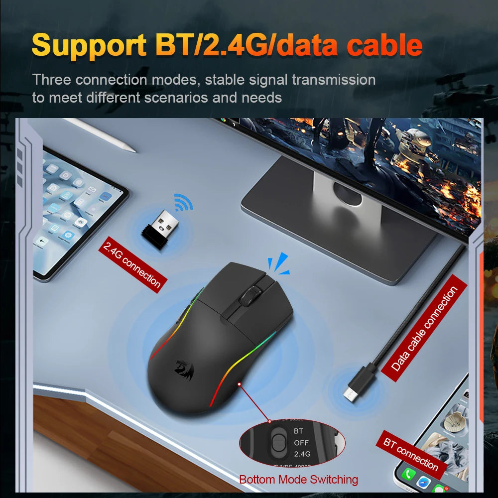 REDRAGON DEICIDE M816 PRO RGB USB gaming miš s podrškom za Bluetooth i 2.4G bežično povezivanje, 26000 DPI, 6 tipki, za gamere, žičani miš za računalo