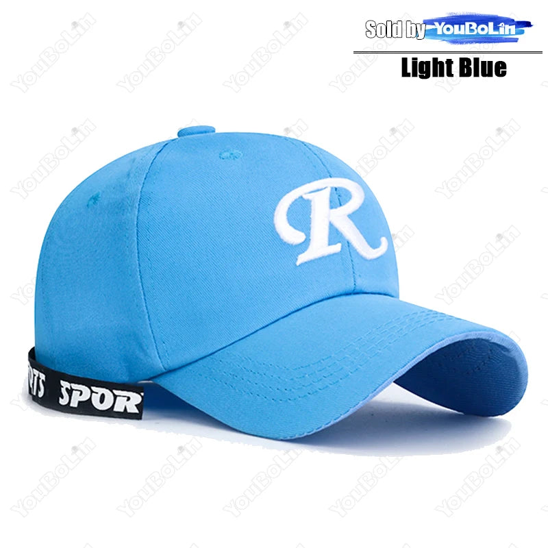 Casquette de baseball à visière rigide ajustable en coton brodé avec ruban en forme de lettre « R », casquette de soleil, casquette de camionneur, casquette hip-hop