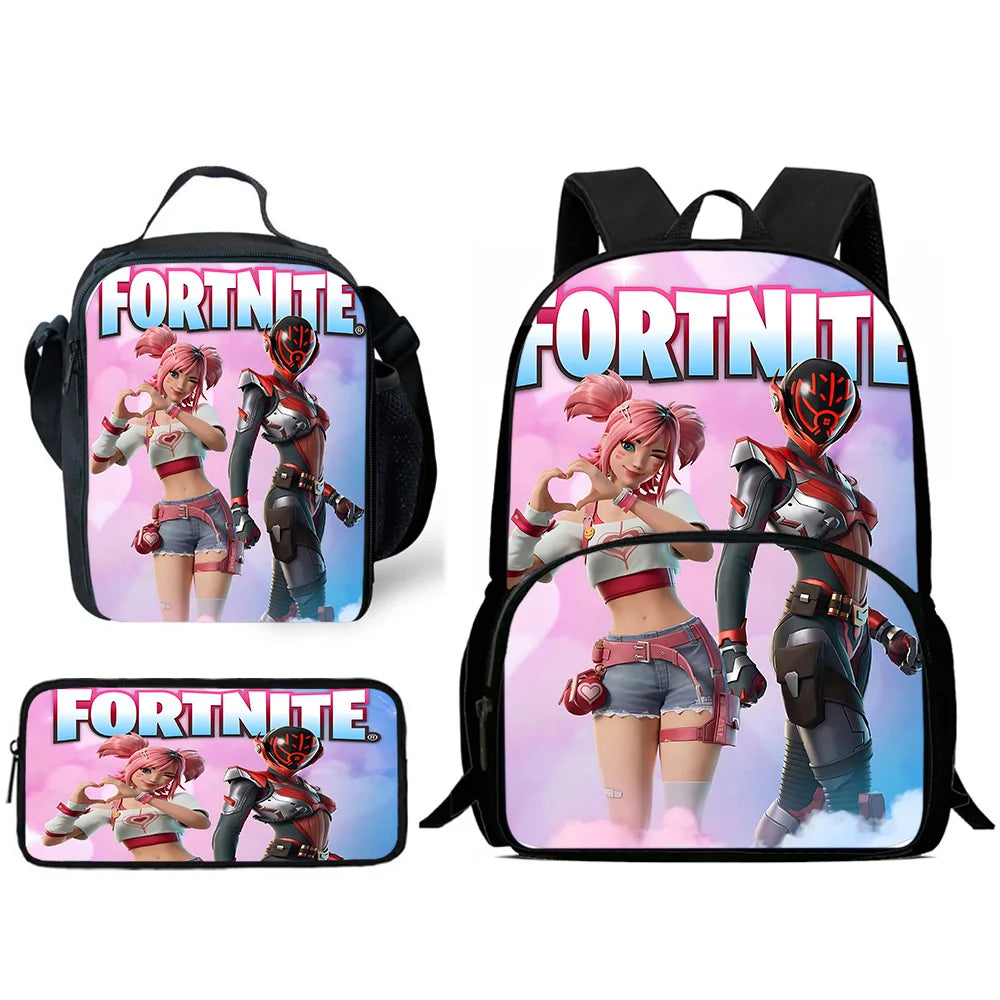 Zaino da scuola per bambini Hot Game con borsa pranzo e astuccio, grande capacità, design F-FortniteS, per ragazzi e ragazze, regalo ideale
