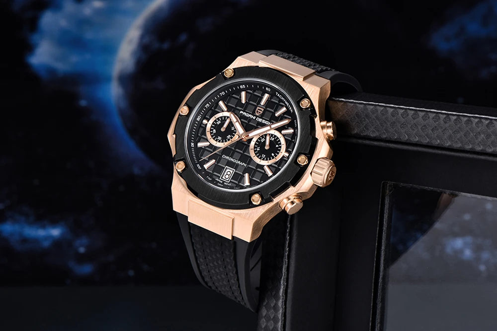 Křemenné pánské hodinky PAGANI DESIGN – luxusní sportovní chronograf, vodotěsný, s luminiscenčními ručičkami a safírovým sklem s antireflexní úpravou