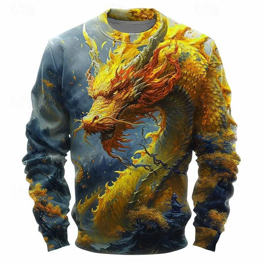 Fashion Dragon Graphic 3D Print Men's Sweatshirt Traditional Cultural Element Vintage Stylish O-Neck Pullover Autumn Loose Tops