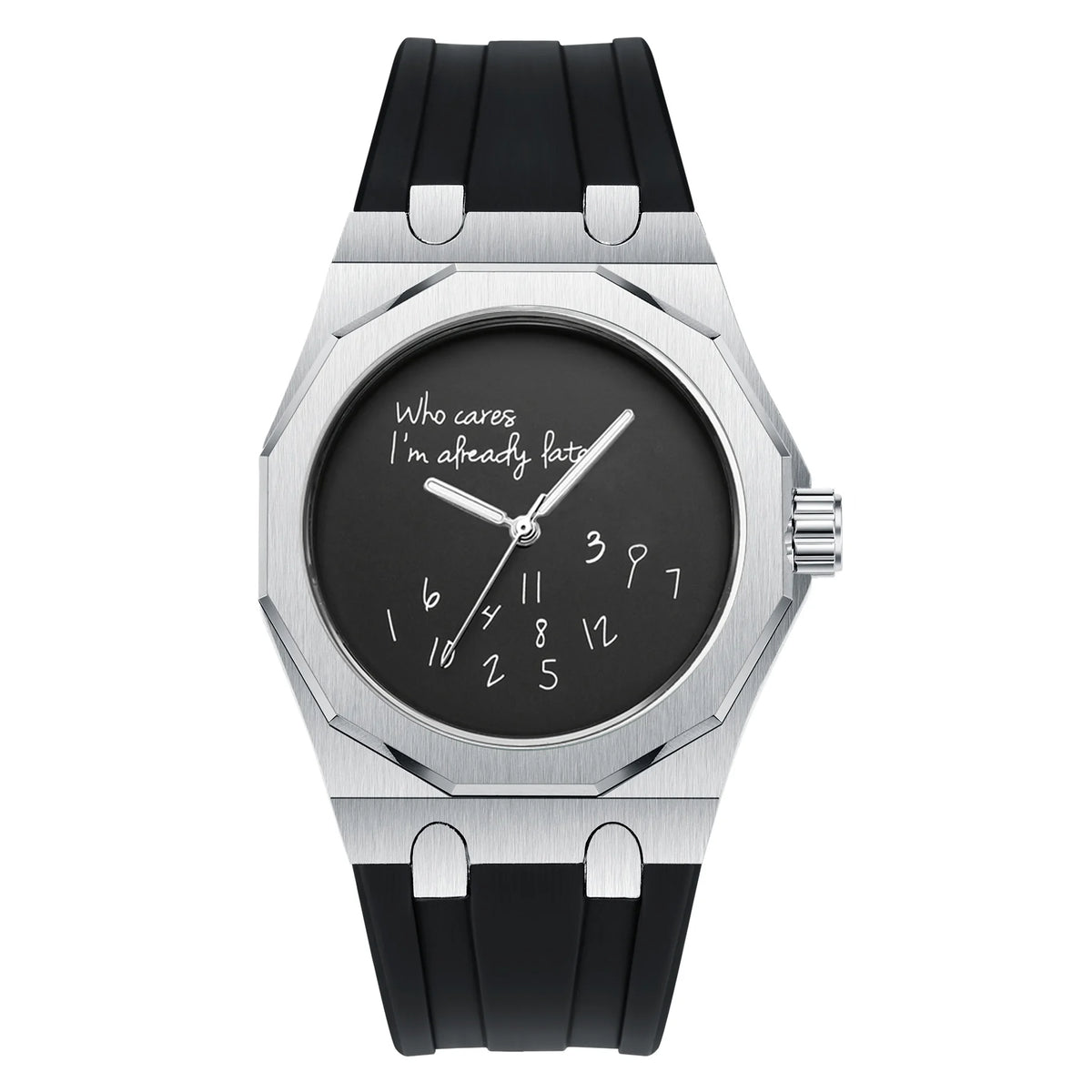 Orologio da uomo di lusso con cassa ottagonale e cinturino in silicone, impermeabile, dotato di un quadrante che riporta lo slogan umoristico «Who Cares I'm Already Late» (E allora? Sono già in ritardo).