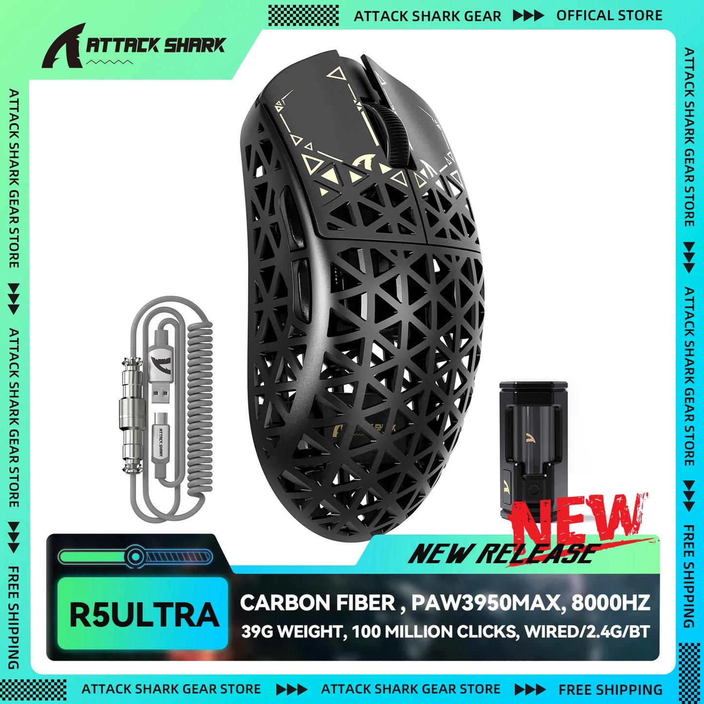 ATTACK SHARK R5Ultra Carbon Fiber Wireless 8K PAW3950MAX Gaming-Maus mit 8K-Spiralkabel,