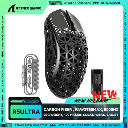 ATTACK SHARK R5Ultra Carbon Fiber Wireless 8K PAW3950MAX Gaming-Maus mit 8K-Spiralkabel,
