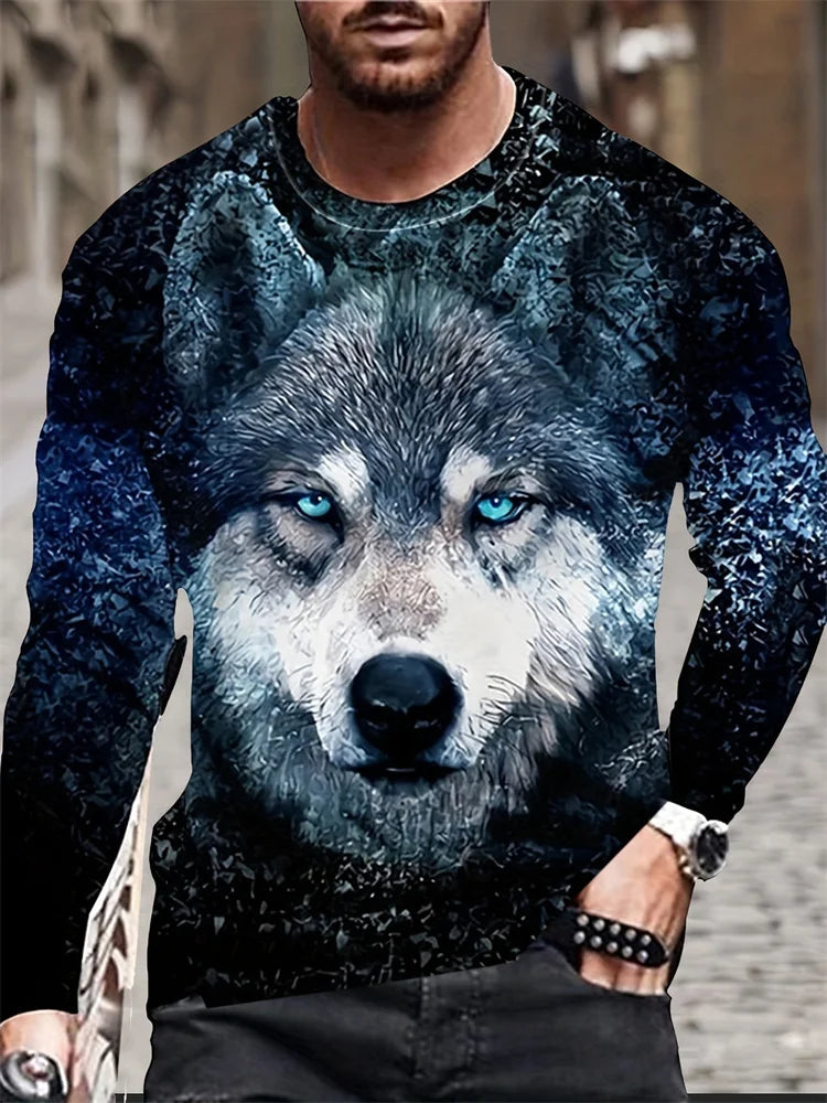 2024 New Wolf Print Men's Long Sleeve T-shirt Spring And Autumn Men's Daily Casual Shirt Street Fashion Men's Long Sleeve T-shir