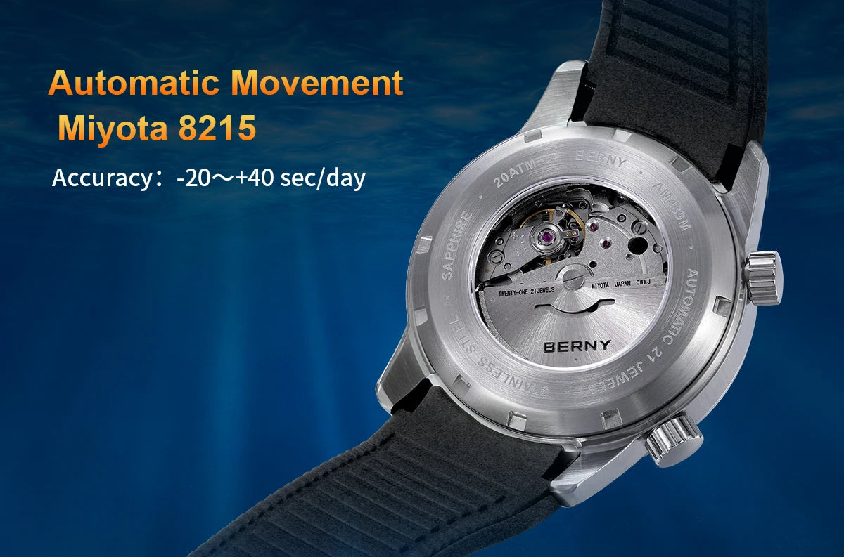 Relógio de mergulho BERNY para homem, automático mecânico, 200M impermeável, superluminoso, 42mm, safira, para natação e mergulho