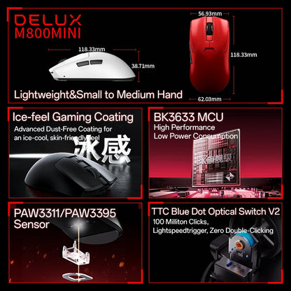 Безжична геймърска мишка Delux M800mini, ултралека 46g, PAW3395/PAW3311, 1KHz честота на опресняване, за PC геймъри с малка до средна ръка