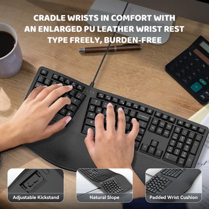 K9 ergonomische geteilte USB-Kabeltastatur mit Handballenauflage, 110 Tasten, Gaming-Tastatur für Business-Büros