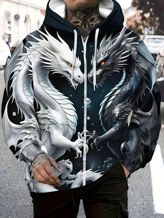 Mens Dragon Print Zipper Hoodie Outdoor Activities Travel Drawstring Long Sleeve Hoodies Autumn Winter Oversize Man Sweatshirts