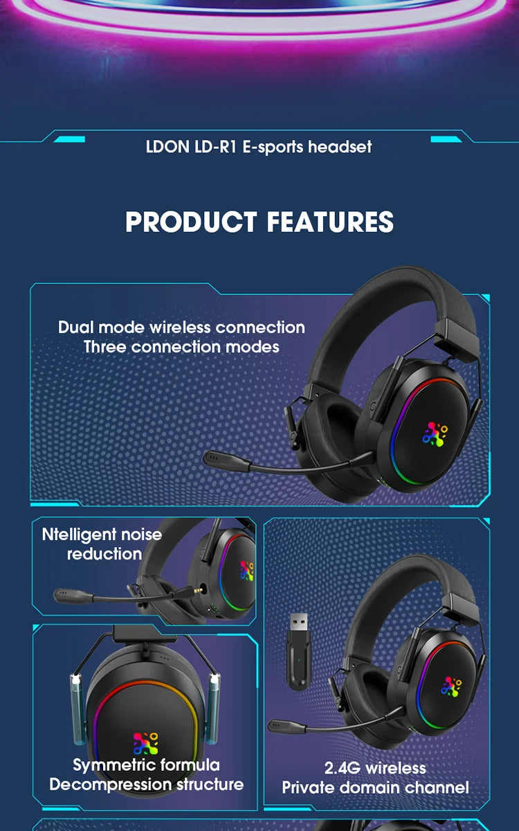 Auriculares gaming inalámbricos LDON para PS5 PS4, Bluetooth 2.4GHz, sonido envolvente 3D, micrófono con cancelación de ruido y baja latencia