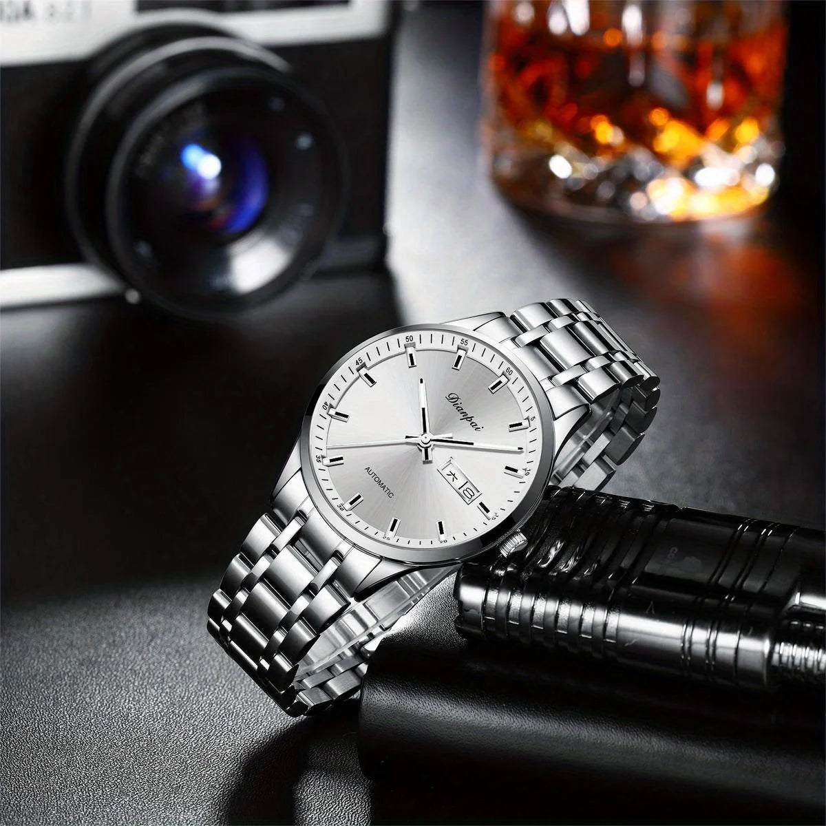 Dianpai automatisch mechanisch herenhorloge – Luxe model, lichtgevende wijzerplaat, klassiek en strak ontwerp, van roestvrij staal, waterdicht, met kalender en weersdagsaanduiding