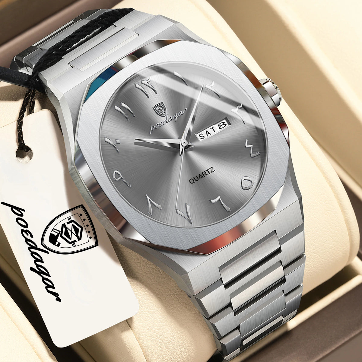 POEDAGAR Luxus-Herrenuhr, wasserdichte Quarzuhr aus Edelstahl, Herrenuhr mit Wochentagsanzeige und Datumsanzeige, Business-Herrenuhren, Reloj Hombre