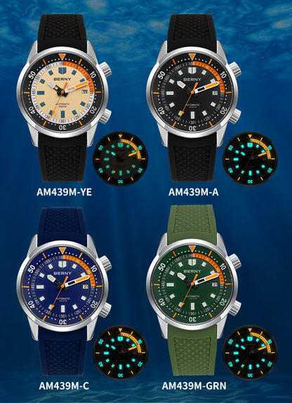 Relógio de mergulho BERNY para homem, automático mecânico, 200M impermeável, superluminoso, 42mm, safira, para natação e mergulho