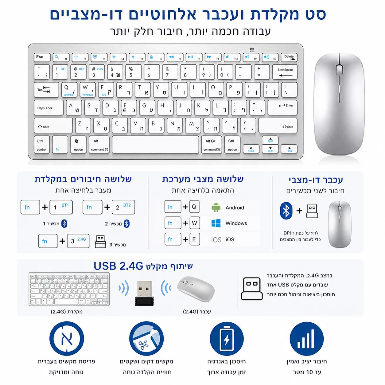 Teclado hebraico ultrafino Bluetooth e 2.4G de modo duplo Israel sem fios, silencioso, para iOS, iPad, tablets Android e Windows