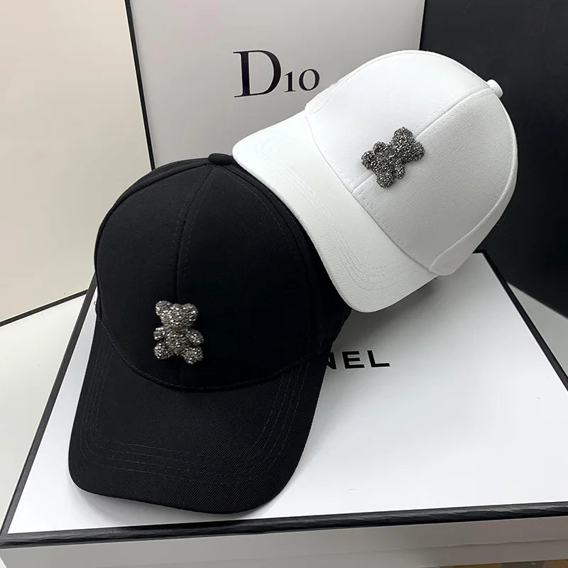 Dizajnerska ljetna bejzbolska kapa za žene, korejski stil, s medvjedićem i kristalićima, svestrana kapa za sunce, street K-pop vizir za van, hip-hop šešir