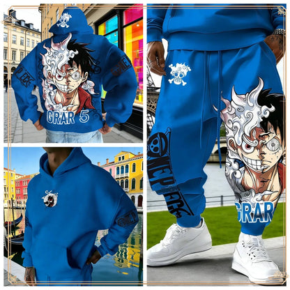 One Piece Luffy Gear 5 Hoodie Pants Set Red Cotton Tracksuit with Character Print on Hoodie Front Pant Side Loose Fit Two Piece