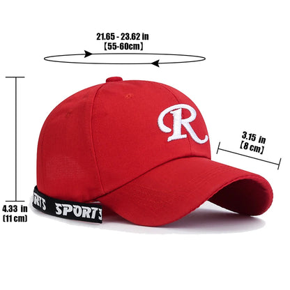 Casquette de baseball à visière rigide ajustable en coton brodé avec ruban en forme de lettre « R », casquette de soleil, casquette de camionneur, casquette hip-hop