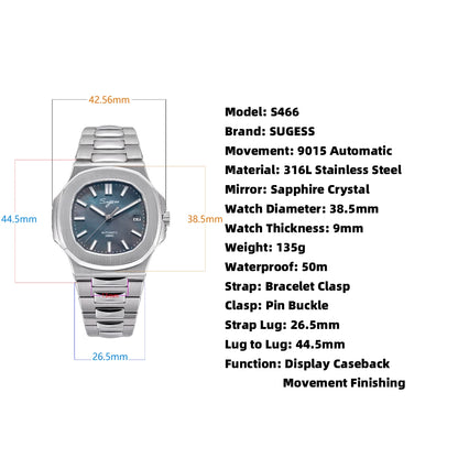 Sugess Men's Watch Automatic Mechanical Wristwatch Miyota 9015 Movement MOP Dial Luminous Waterproof 5bar Bracelet Luxury S466