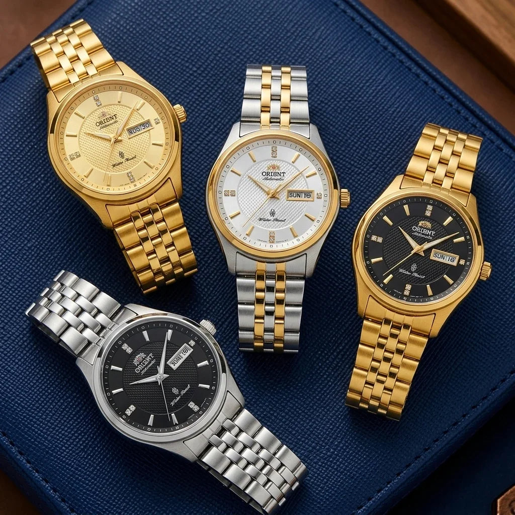 Mekanisk automatisk herrklocka från Orient, med dubbel kalender (datum och veckodag), kristallindex och armband i rostfritt stål – Armbandsur i affärsstil