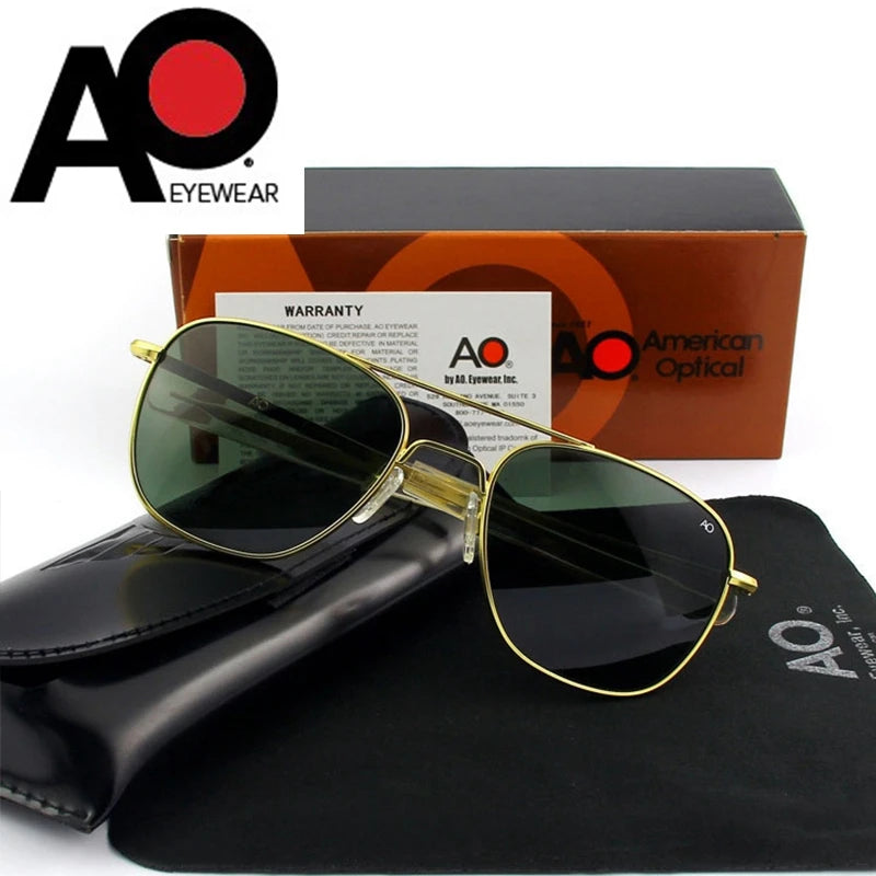 Occhiali da sole Pilot AO da uomo, marca di alta qualità, design AGX, lenti in vetro temperato, occhiali da sole da uomo