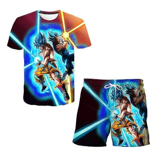 2026 Summer Dragon Ball Goku & Vegeta Super Saiyan Blue Print T-Shirt & Shorts Set Men Fast Drying Casual Loose Fit Streetwear