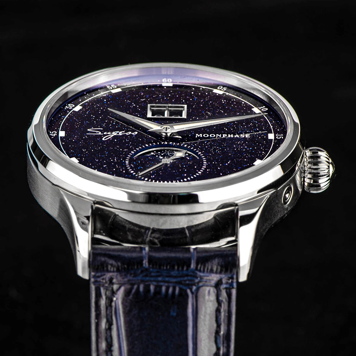 Sugess Moonphase Watch of Men 40mm Automatic Mechanical Wristwatches Origin ST2528 Movement Stainless Steel Blue Sandstone Dials