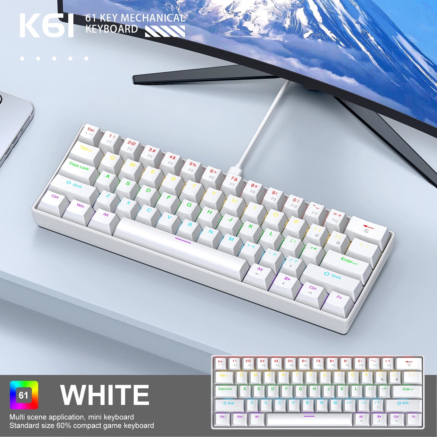 APAYADO K61 60% mini drátová herní mechanická klávesnice Phantom RGB, 61 kláves, červené/modré spínače, ergonomická, přenosná pro PC/notebook