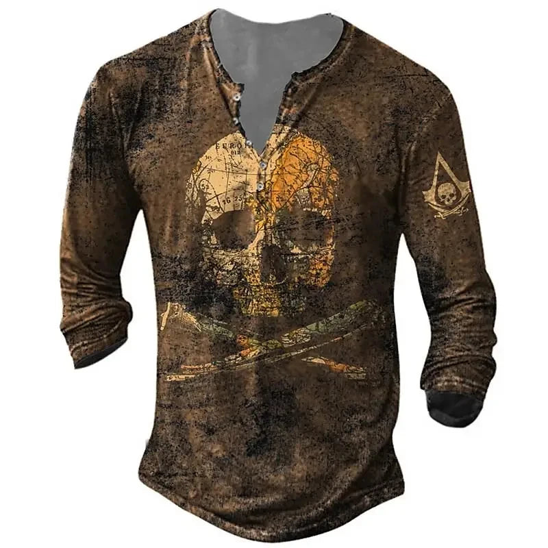 Autumn Skull Henley Shirt 3D Print Streetwear Men's Fashion Vintage Long Sleeve Button T Shirt Men's T Shirt Tops Clothing