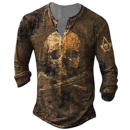 Autumn Skull Henley Shirt 3D Print Streetwear Men's Fashion Vintage Long Sleeve Button T Shirt Men's T Shirt Tops Clothing