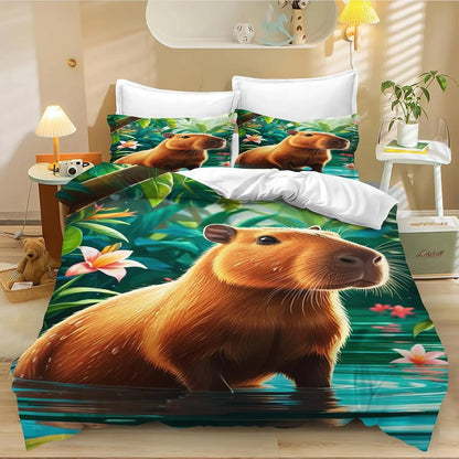 Juego de cama de carpincho de dibujos animados de 4 piezas, funda nórdica y funda de almohada, para adultos, niños y niñas, decoración de dormitorio infantil, tamaño individual y doble