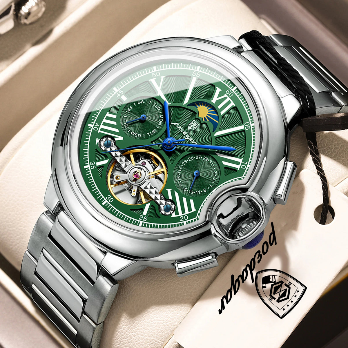 Reloj de lujo para hombre POEDAGAR: modelo automático mecánico con indicador de fecha y día, correa de piel, tourbillon, resistente al agua, estilo elegante y profesional.