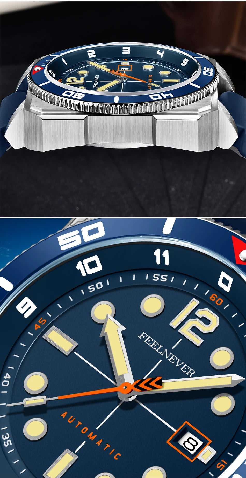 Orologio subacqueo automatico FeelNever 8215 da uomo, super luminoso, in acciaio 316, con vetro zaffiro, orologio sportivo meccanico maschile