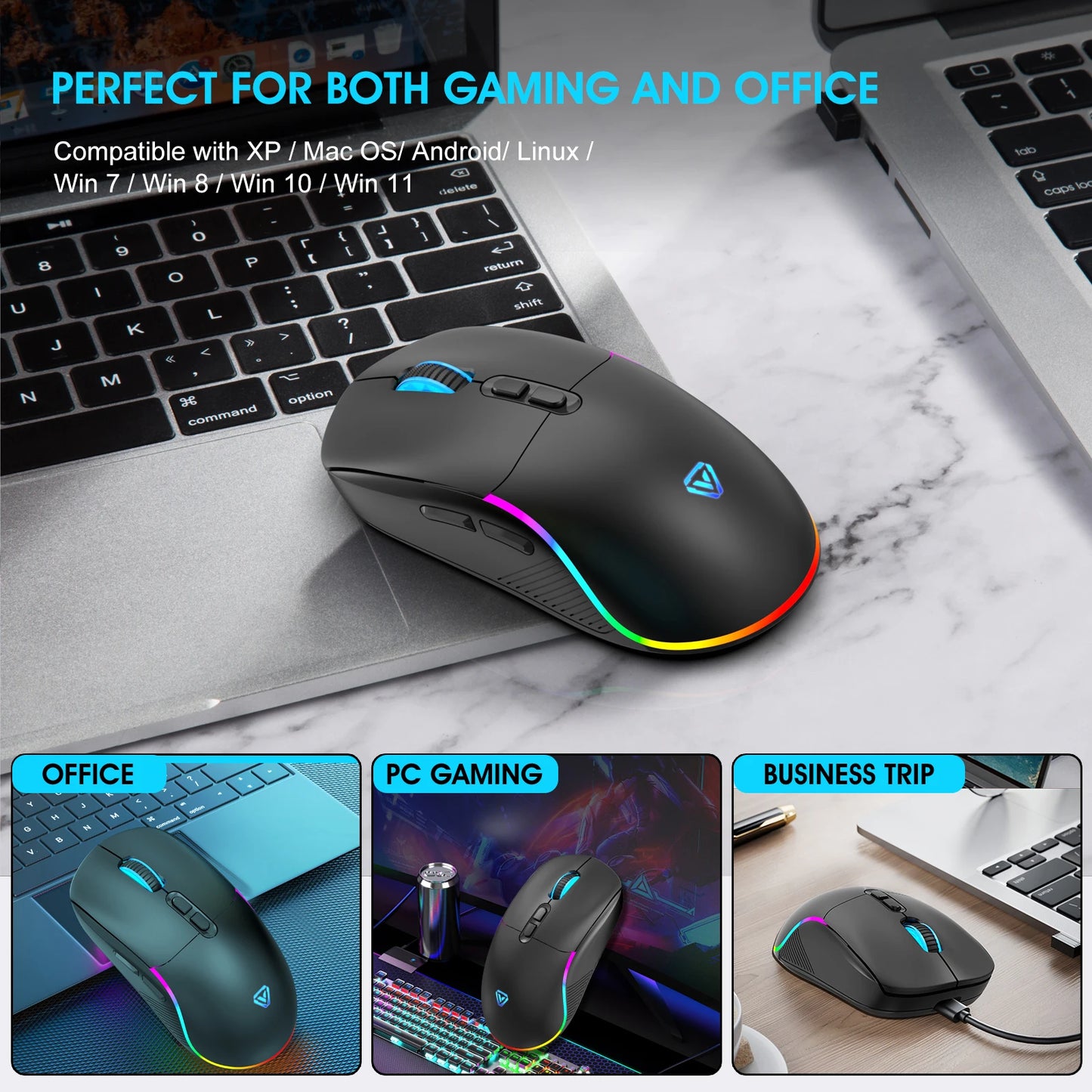 Mouse tri-mode 2.4G wireless/Bluetooth/cablato, DPI regolabile a 6 livelli, batteria da 500mAh, illuminazione RGB, macro per gaming e esports, mouse da ufficio