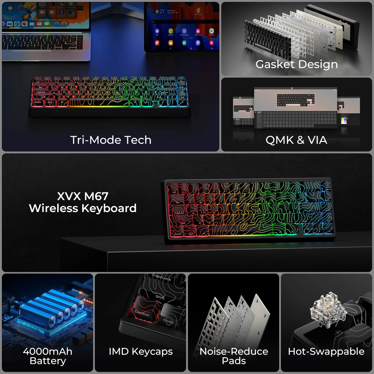 XVX M67 JadeStone mechanische Tastatur mit IMD-Tech-Tastenkappen, Hot-Swap-fähig, Gasket-Mount, Tri-Mode, individuell anpassbares RGB, kabellose Tastatur 65%