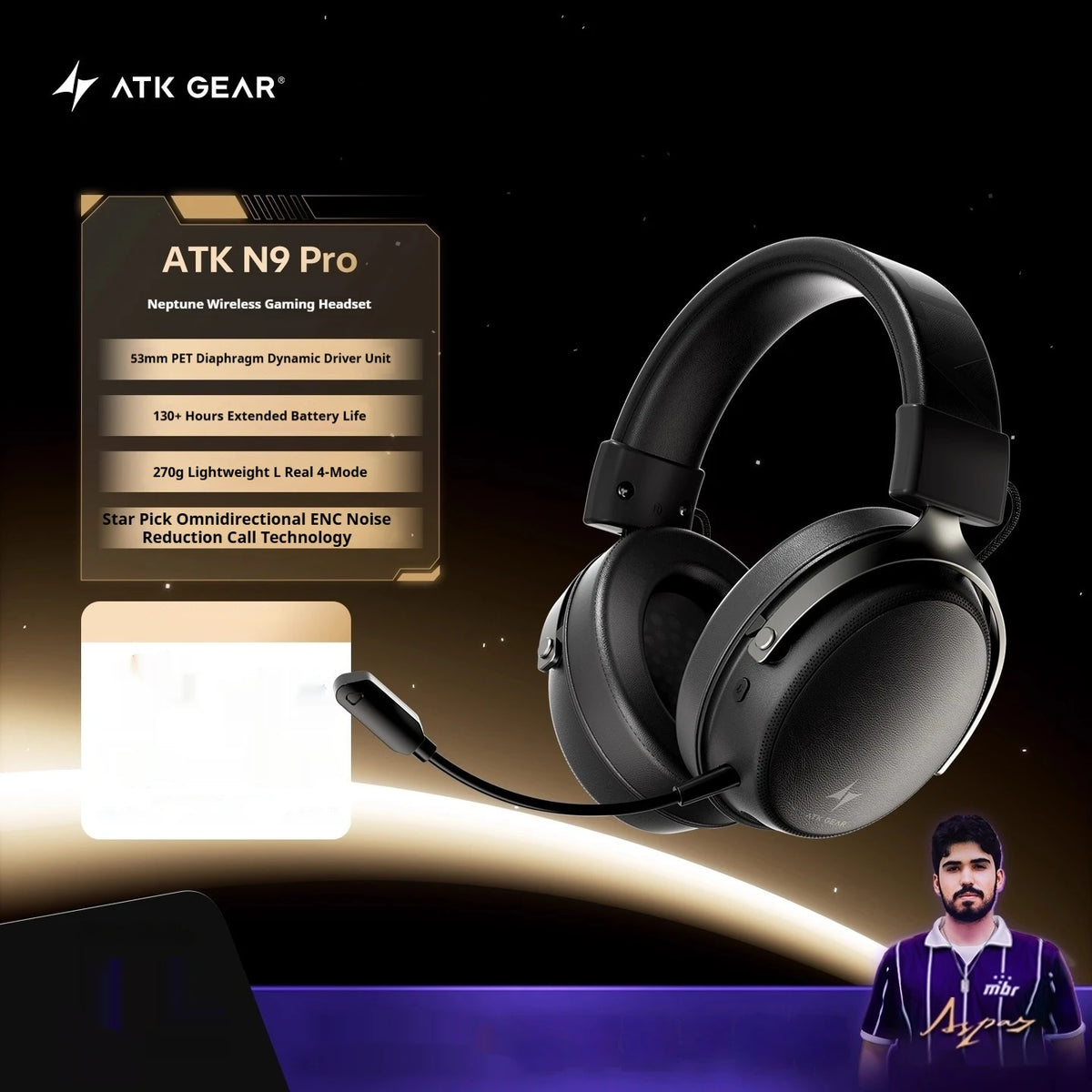 Nouveau casque de jeu sans fil ATK N9, écouteurs à quatre modes avec haut-parleur dynamique de 53 mm, son spatial 3D, casque audio Hi-Fi, cadeau.