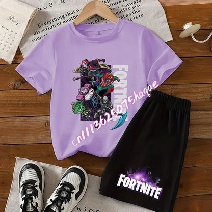 Completo estivo Fortnite con T-shirt e shorts per bambini e bambine, set 2 pezzi, abbigliamento bambino con top, T-shirt e pantaloncini, stampa Fortress Night, idea regalo