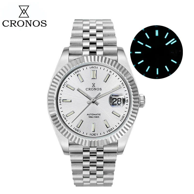 Cronos DateJ Luxury Men's Watch, Stainless Steel 5 Links Bracelet, PT5000 Miyota 9015, 100m Water Resistant, Sapphire