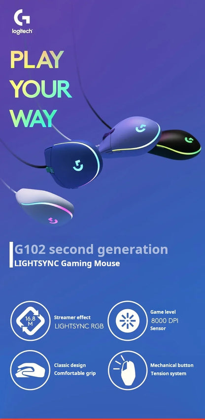 Logitech G102 G203 laidinė žaidimų pelė, 2.1 metro ilgio laidas, 8000 DPI, RGB efektai, skirta PC, nešiojamajam kompiuteriui, biurui ir gamer’iams, lanksti